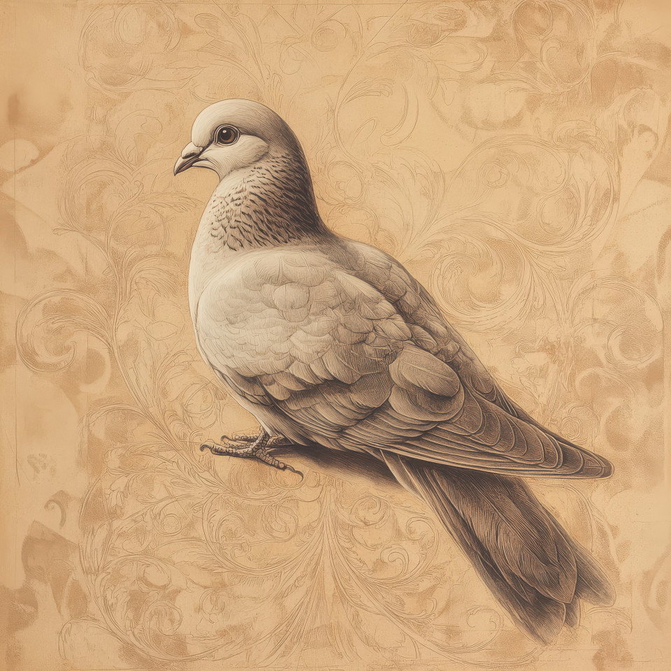 A brightly painted dove with swirling designs, created in the fayum portrait style, featuring folk paint and intricate patterns