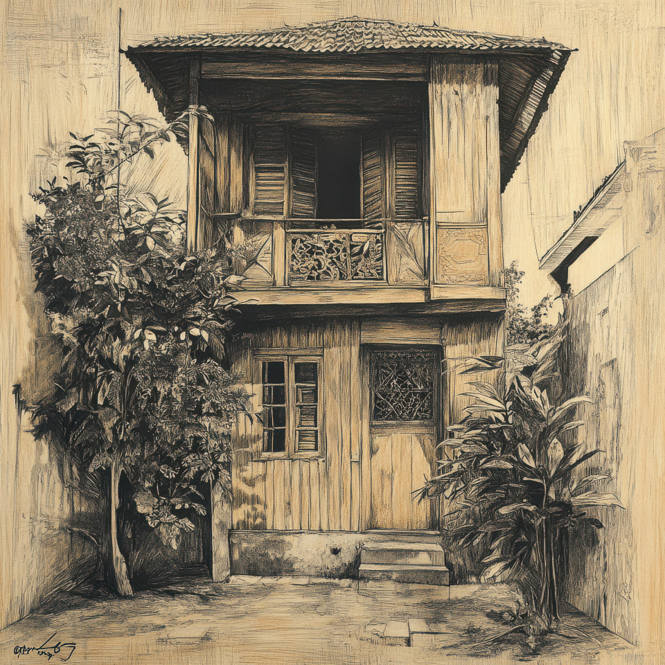 Bright wooden house decorated with folk motifs, captured in the fayum portrait style, showcasing folk art and traditional designs