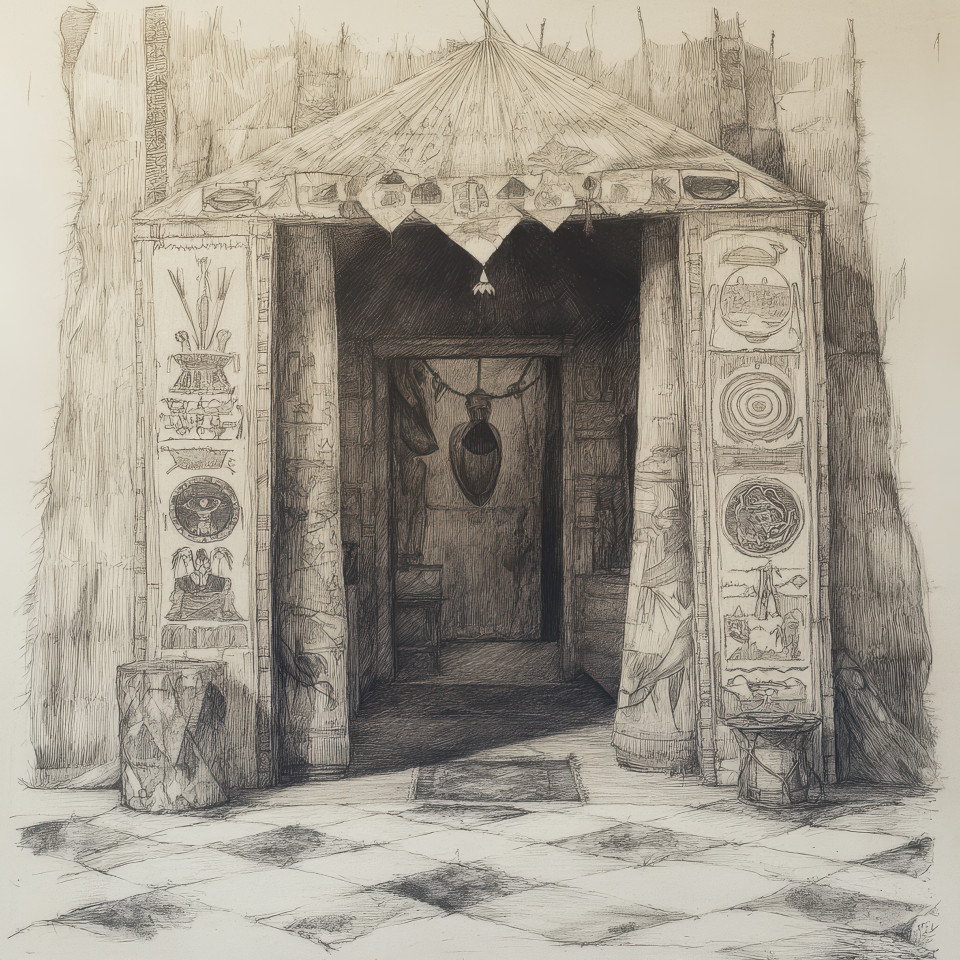 A healerâ€™s hut decorated with symbolic folk art designs, captured in the fayum portrait style, representing traditional culture and healing