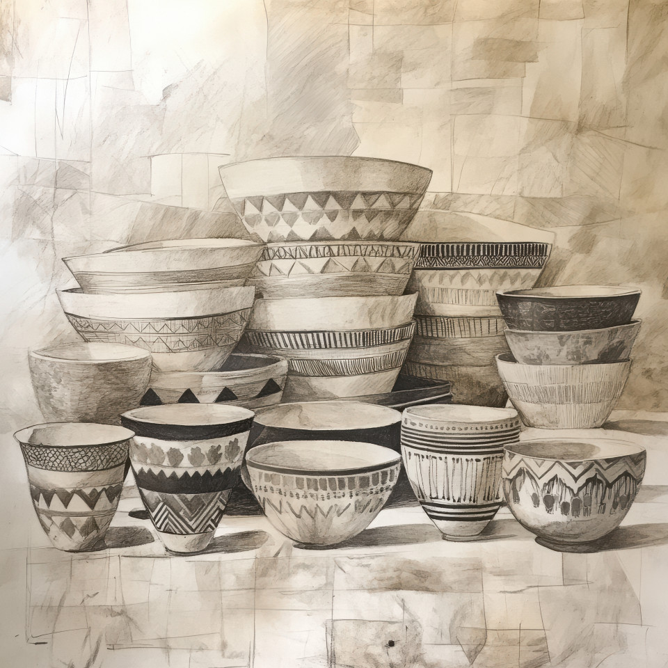 A table with folk painted ceramic dishes in the fayum portrait style, showcasing vibrant folk ceramics and decorative design