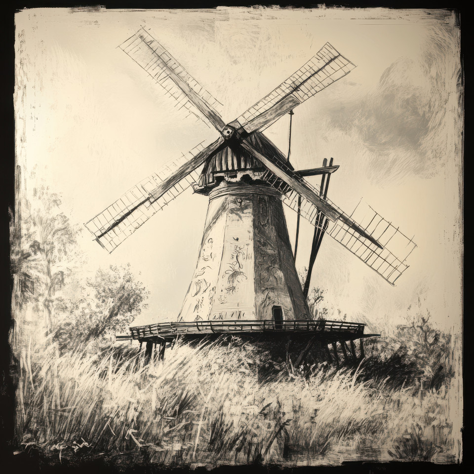 Decorated windmill with folk patterns, portrayed in the fayum style, showcasing traditional folk art and rural charm