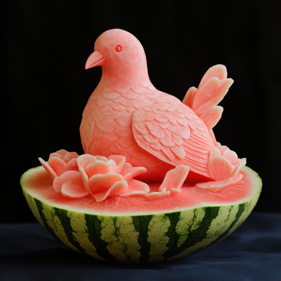 The dove is carved from a watermelon representing peace and harmony detailed with natural textures, concept art with a fresh, unique look, designed by a skilled concept artist