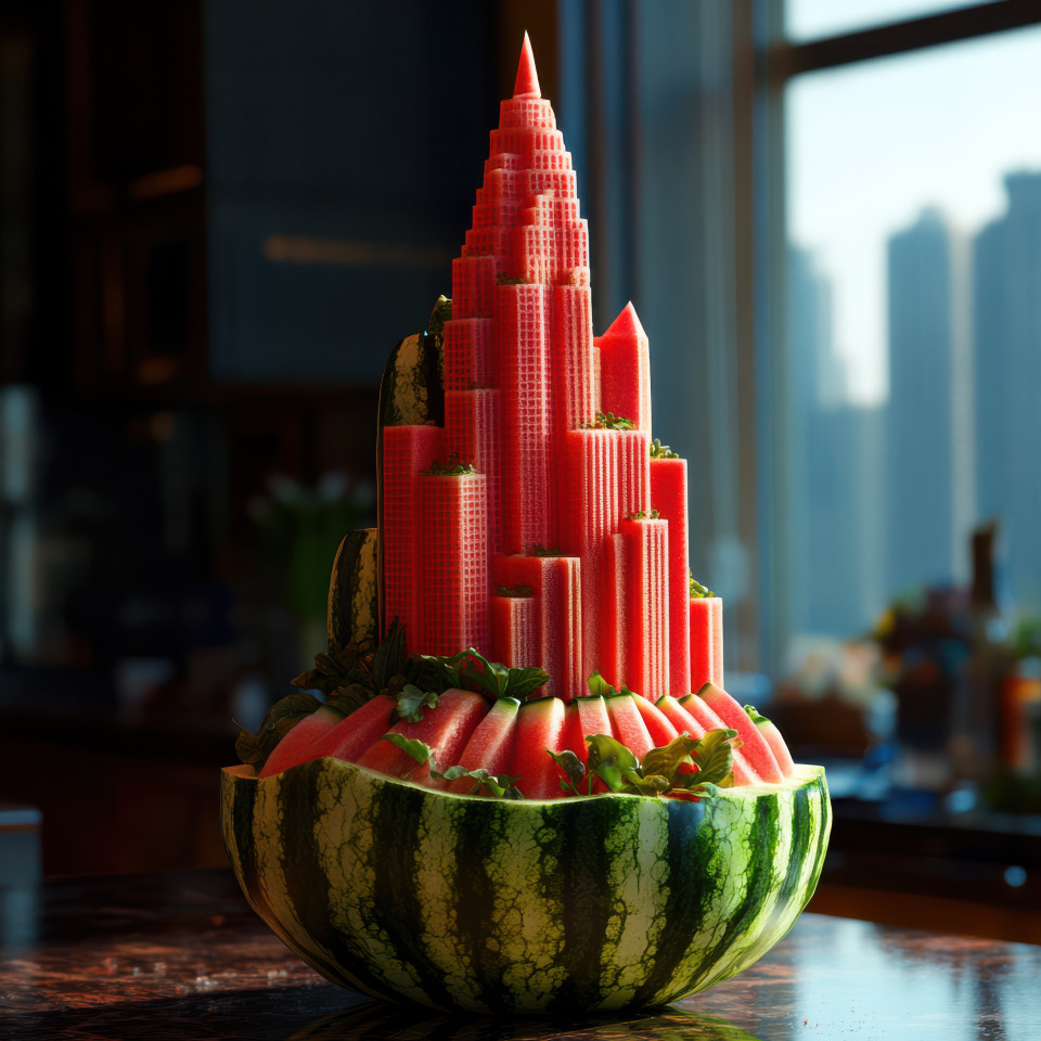 A futuristic skyscraper is carved from a watermelon featuring sleek lines and modern design, concept art depicting a blend of nature and advanced architecture, inspired by 3d concept art
