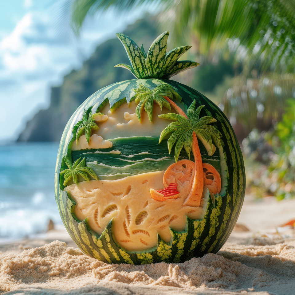 A beach is carved from a watermelon with sand and waves carefully sculpted, concept art that combines the beauty of nature with intricate craftsmanship, created by a talented concept artist
