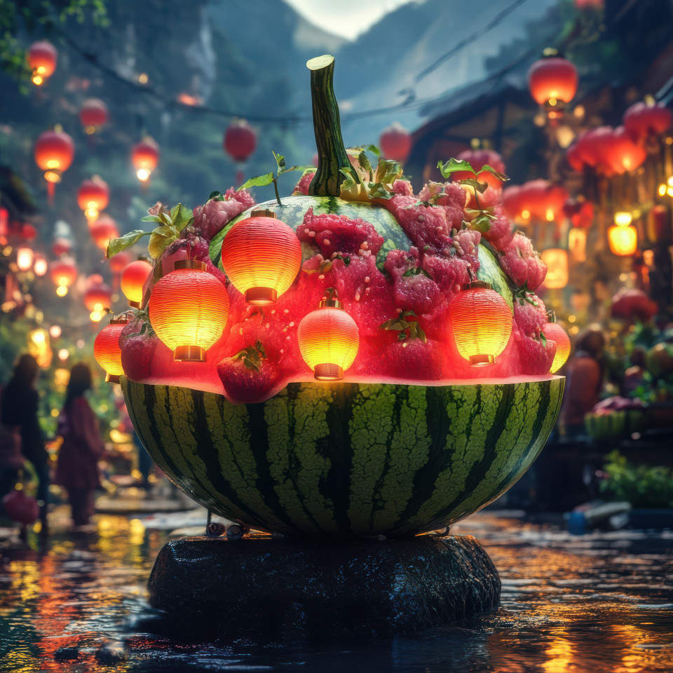A grand festival with floating lanterns carved from a watermelon showcasing glowing lights in the night, concept art illustrating celebration and culture, envisioned in 3d concept art style