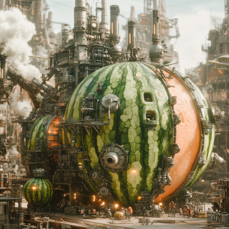 A colossal mech factory with steam vents carved from a watermelon blending industrial power with organic art, concept art showing innovation and strength, perfect for futuristic design