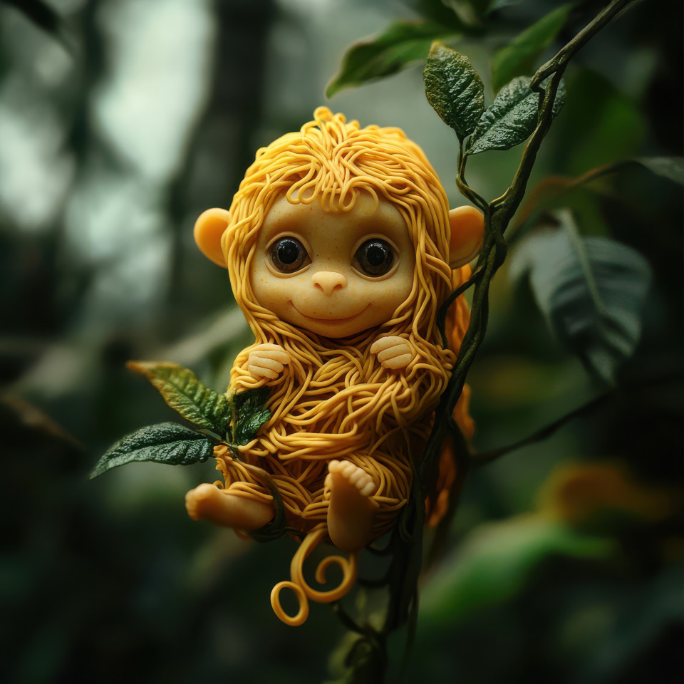 The jungle is carved from noodles depicting lush greenery and vibrant wildlife, concept art merging nature with an unexpected medium, designed by a talented 3d concept artist
