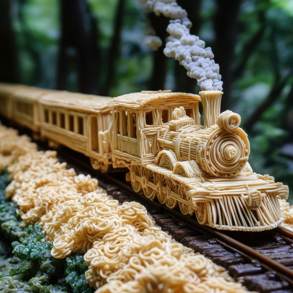 The train is carved from noodles detailed with the wheels and tracks, concept art showcasing creativity and the blending of everyday objects with art, imagined by a concept artist