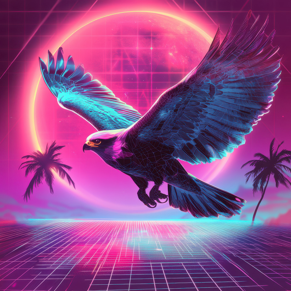 A glowing falcon soaring high above a grid horizon with neon lights, creating a synthwave inspired scene, flying in a futuristic world with a vibrant glow, neo synthwave style