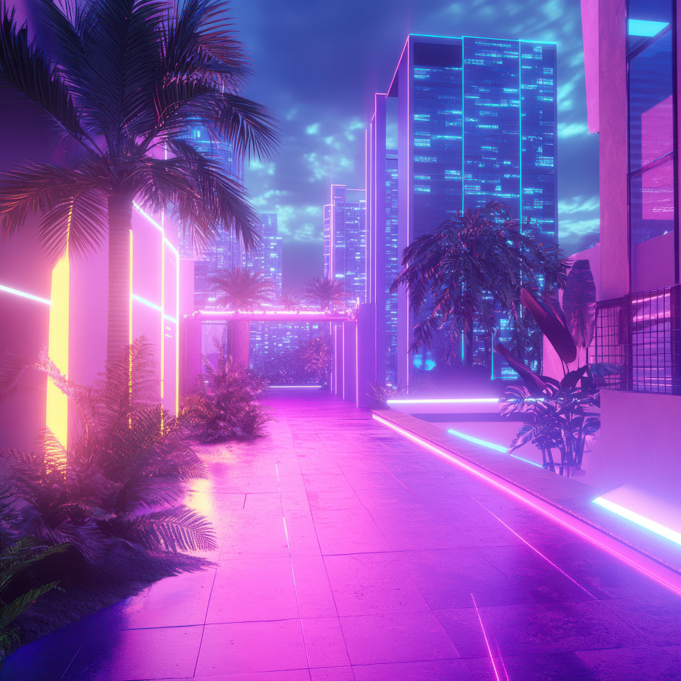 A futuristic city skyline with neon outlines glowing in bright colors, showcasing a neon lit city in the distance, inspired by synthwave art and the neo synthwave aesthetic