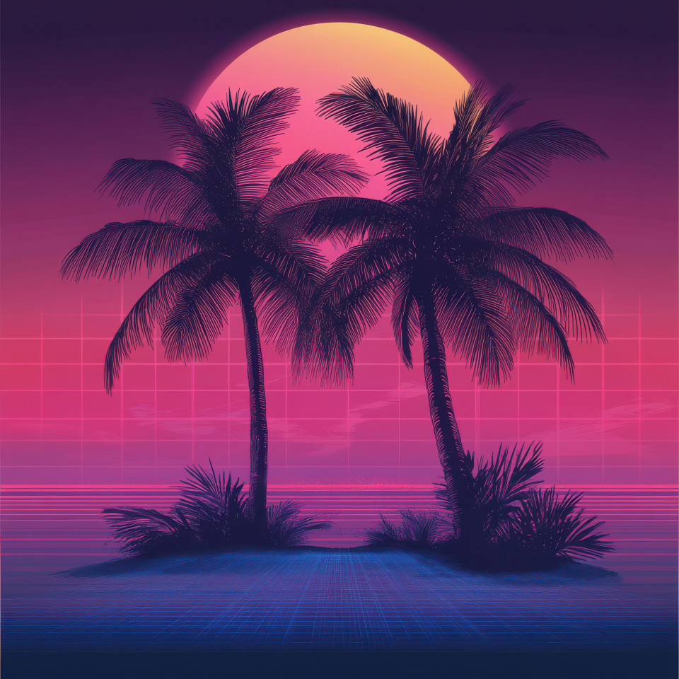 Palm trees silhouetted against a pink sunset with soft glowing outlines, creating a dreamy, synthwave vibe, perfect for a retro futuristic landscape, serum synthwave style