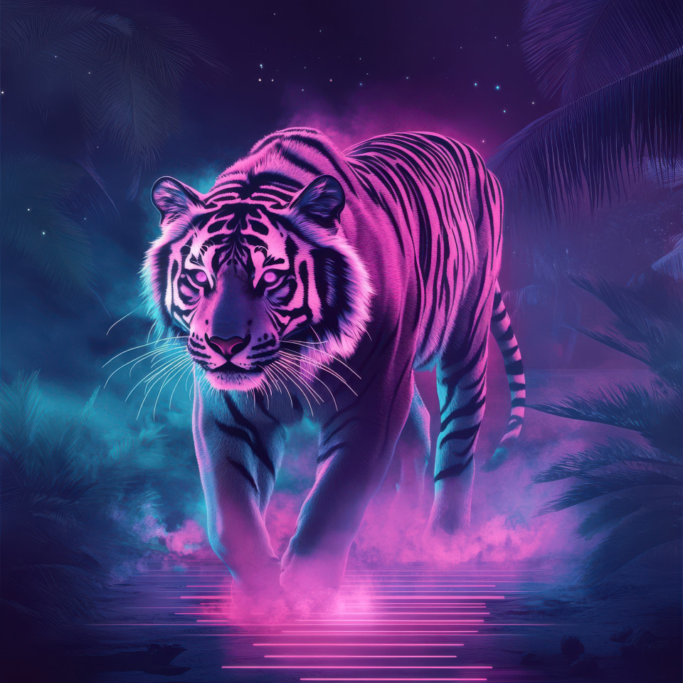 A neon tiger walking through a glowing cyber jungle, surrounded by vibrant colors and futuristic elements, blending nature with neon lights, a dynamic synthwave scene