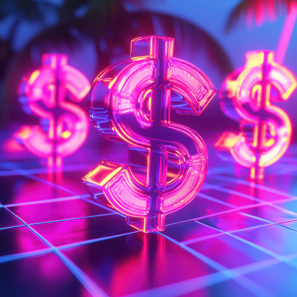 Floating dollar signs glowing in a neon grid world, representing financial success in a futuristic synthwave universe, with a glowing grid backdrop, capturing neo synthwave energy