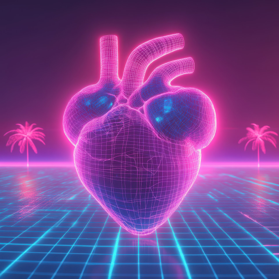 A wireframe heart beating with neon pulses floating above a glowing background, symbolizing life and love in a synthwave world, combining technology with emotion, serum synthwave