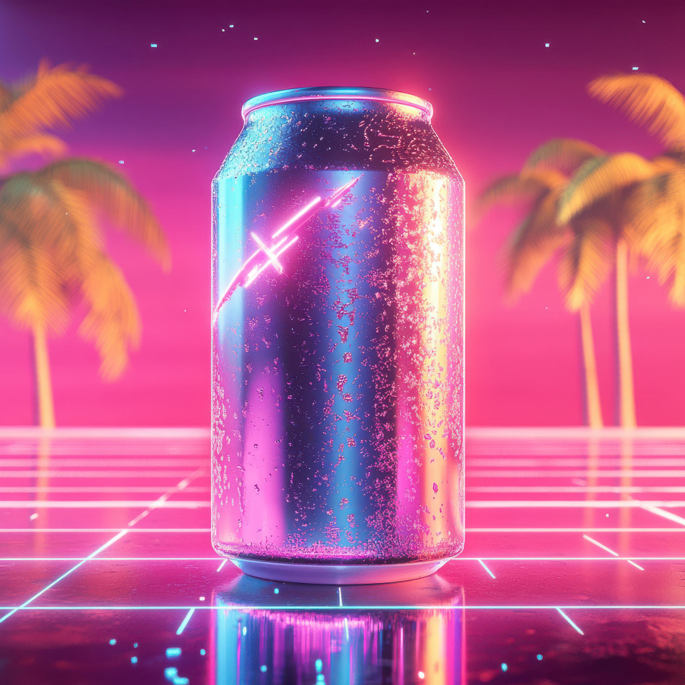 A retro soda can with glowing condensation dripping down, surrounded by neon lights, evoking a nostalgic synthwave feeling, with the soft glow of glowing liquids, neo synthwave vibe