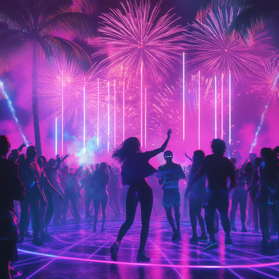 A laser lit crowd dancing under neon fireworks enjoying the energy of a synthwave inspired party, neon lights reflecting vibrant hues, an exciting scene in serum synthwave style