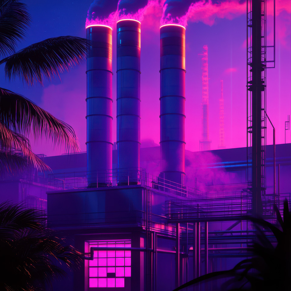 A factory with smokestacks glowing in purple hues surrounded by futuristic neon lights and a mysterious atmosphere, representing industry in the world of synthwave and neo synthwave