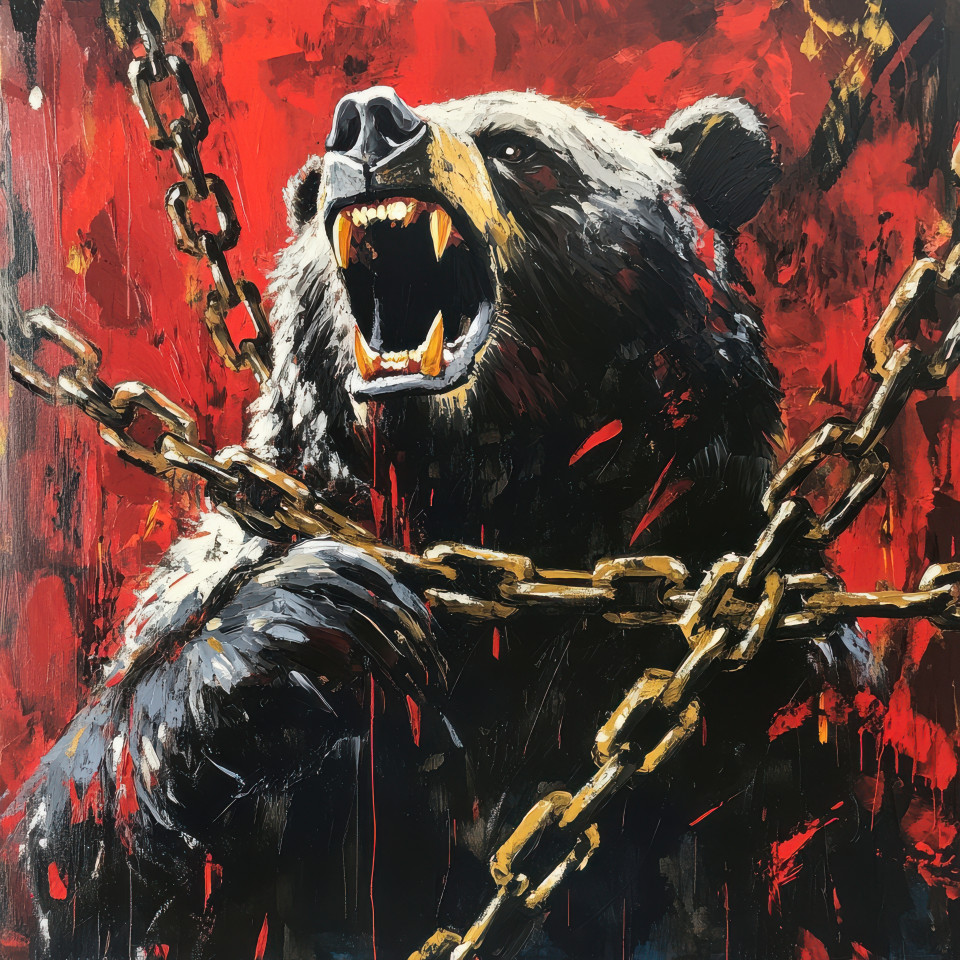 A roaring bear breaking iron chains symbolizing freedom, representing strength and revolution, in a powerful piece of revolutionary art, a statement on overcoming oppression