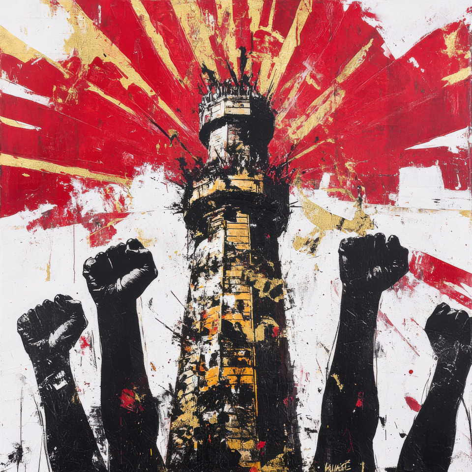 A tower crowned with raised fists, standing as a monument to unity and strength, embodying revolutionary art and the power of collective action in times of revolution