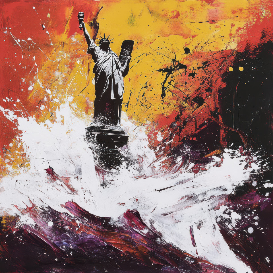 Fiery waves crashing against a fallen statue, symbolizing the destruction of old regimes, captured in revolutionary art, conveying the energy of rebellion and change