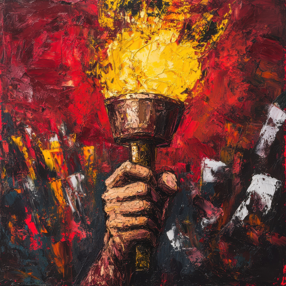A clenched fist gripping a healing torch, symbolizing hope and resistance, represented in revolutionary art, reflecting the light of revolution and healing from oppression