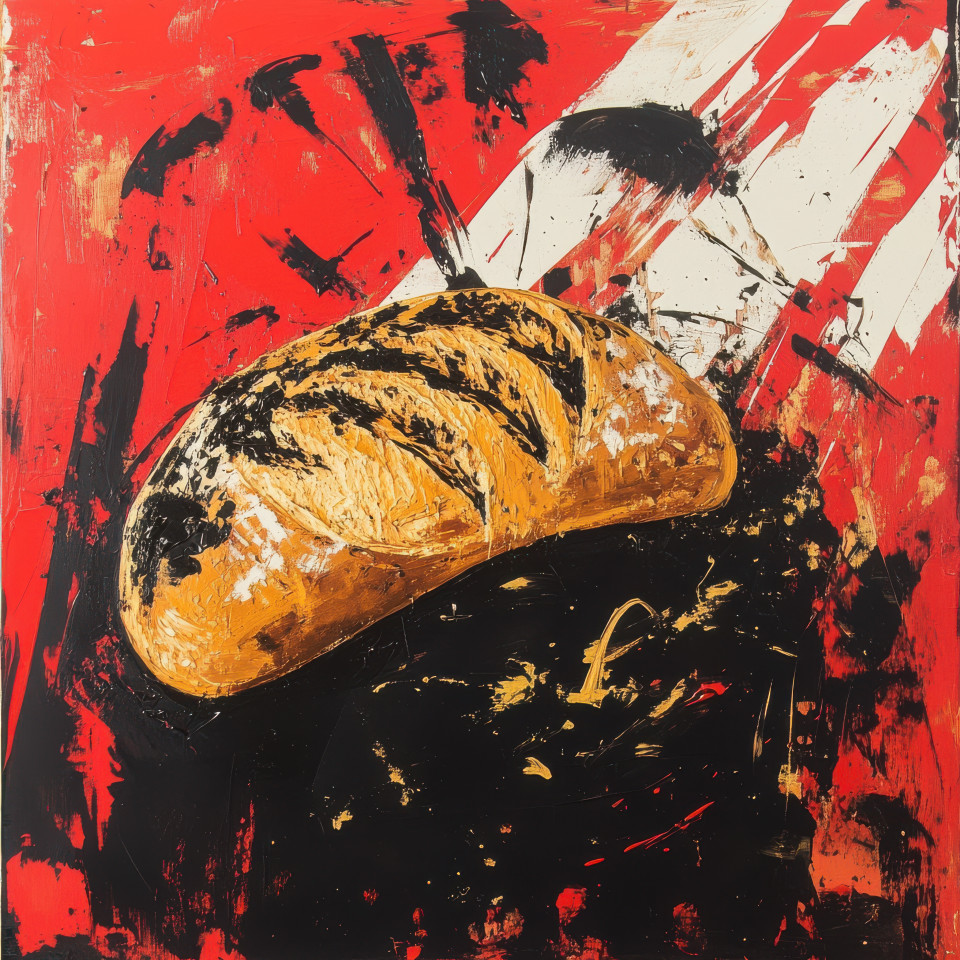 A shared loaf atop a revolutionary banner, symbolizing unity and equality, in revolutionary art, emphasizing the importance of community and shared goals in times of revolution