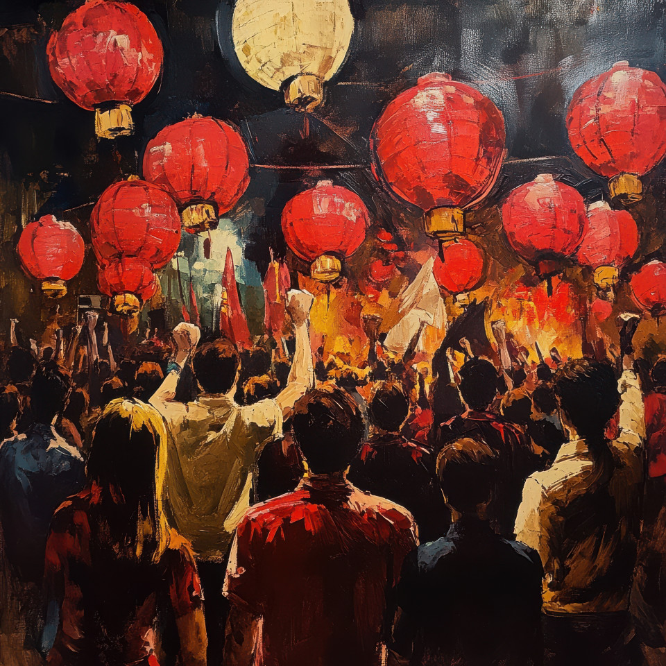 Red lanterns glowing over a united crowd, representing solidarity and strength, captured in revolutionary art, symbolizing the unity of people in the fight for freedom and justice