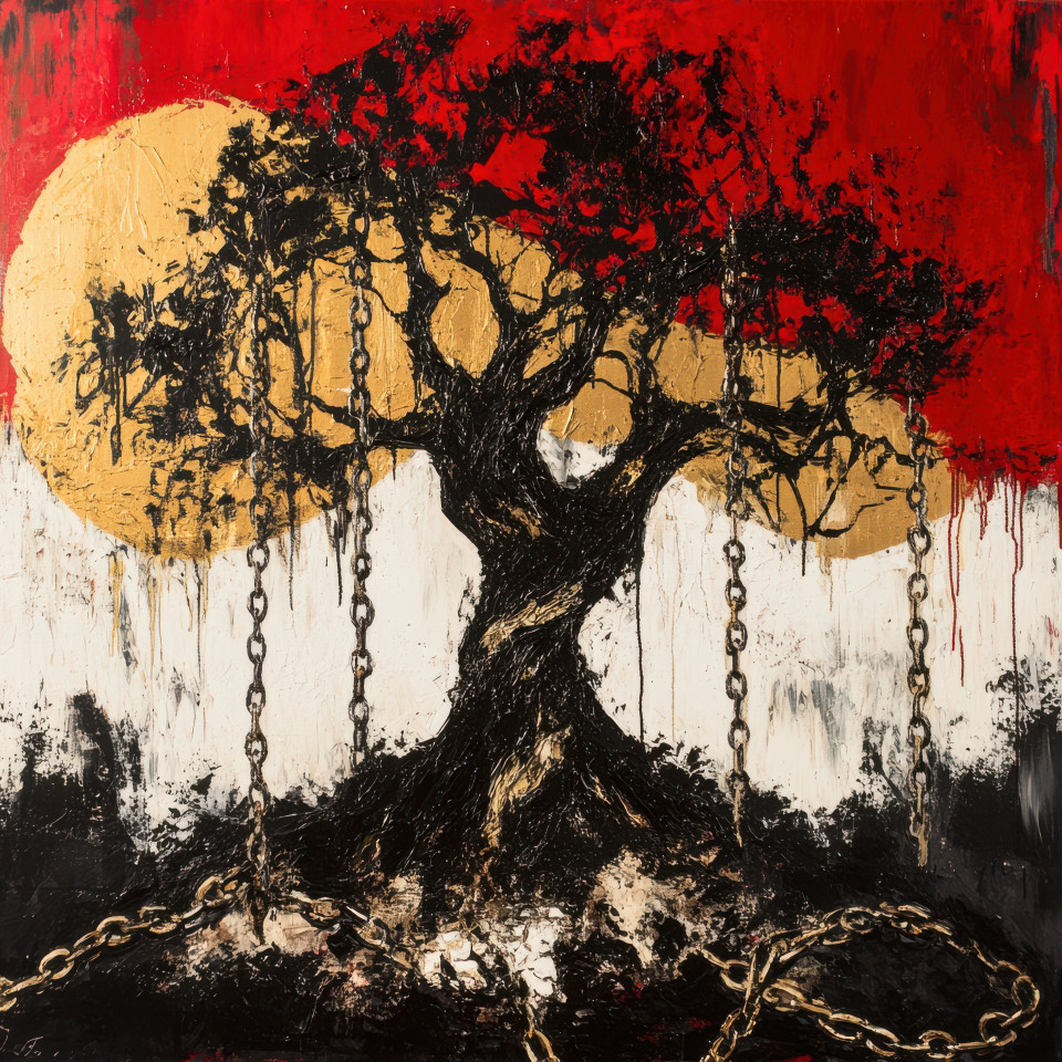 A mighty tree rising from broken chains, symbolizing growth and freedom from oppression, in revolutionary art, representing the triumph of strength and resilience in revolution