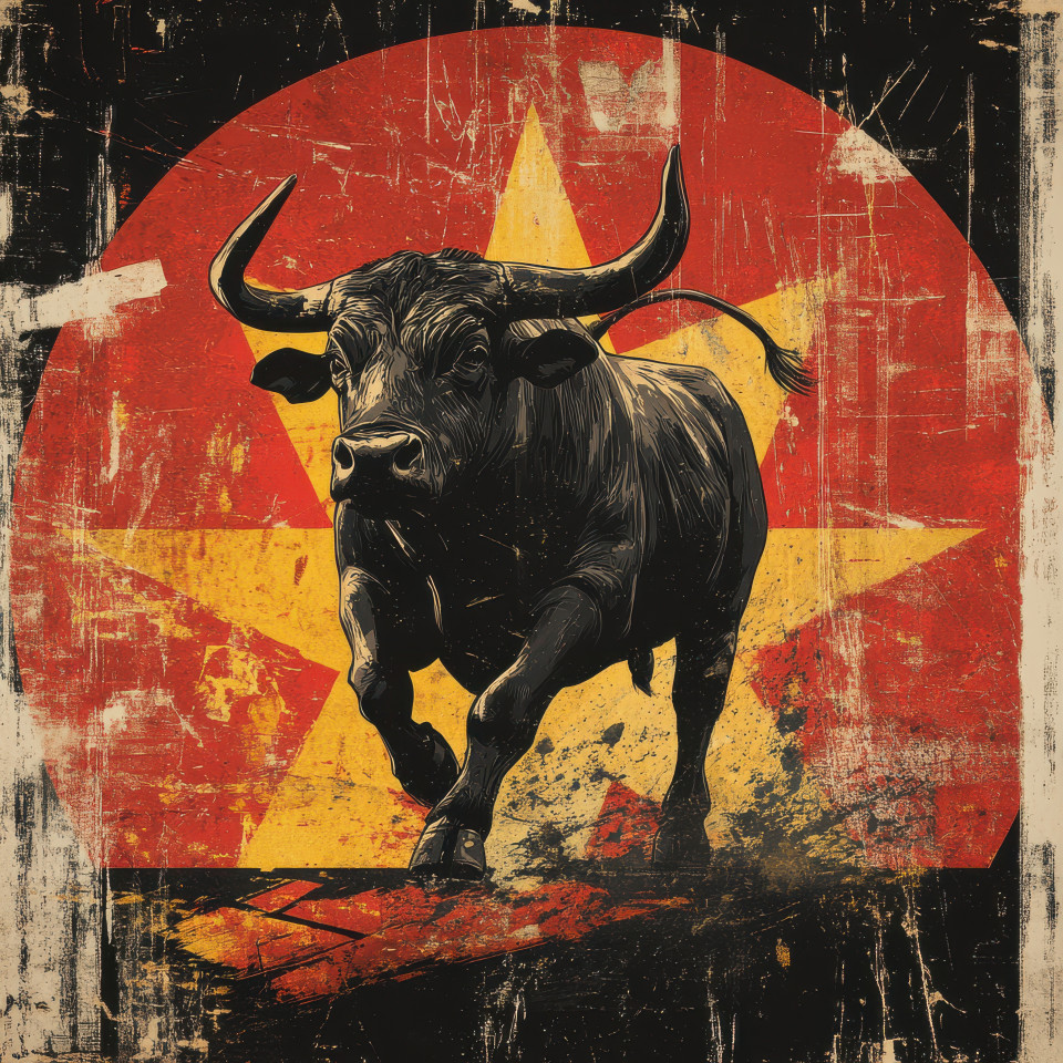 A mighty bull charging forward with unstoppable power symbolizing strength and determination, bold colors and dynamic motion in propaganda art, propaganda painting