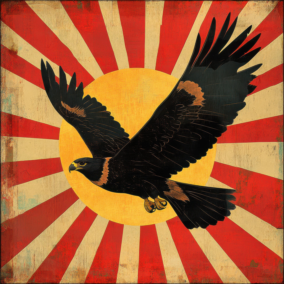 A hawk soaring high above the rising sun wings spread wide representing freedom and vision, dramatic sky and powerful imagery in propaganda art, propaganda painting