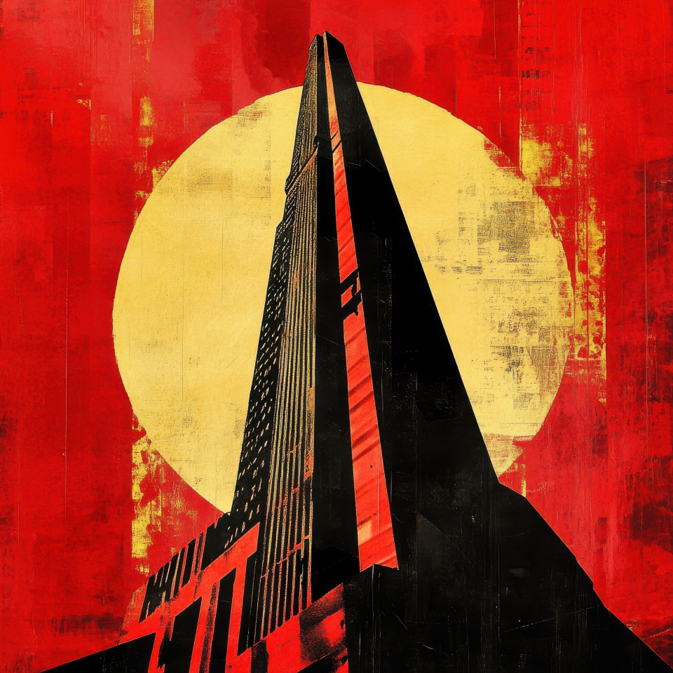 A grand tower reaching for the sky symbolizing progress and ambition, strong architecture and upward movement in propaganda art, propaganda painting