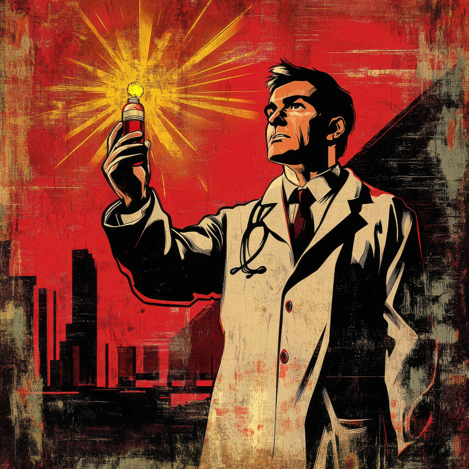 A determined doctor holding a glowing cure representing hope and scientific progress, intense focus and bright light in propaganda art, propaganda painting