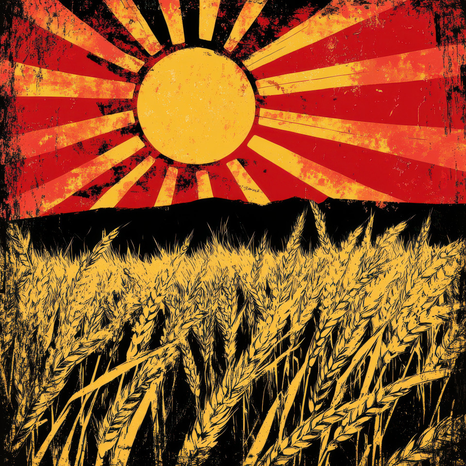Golden wheat fields under a radiant sun symbolizing prosperity and abundance, warm tones and vast landscapes in propaganda art, propaganda painting
