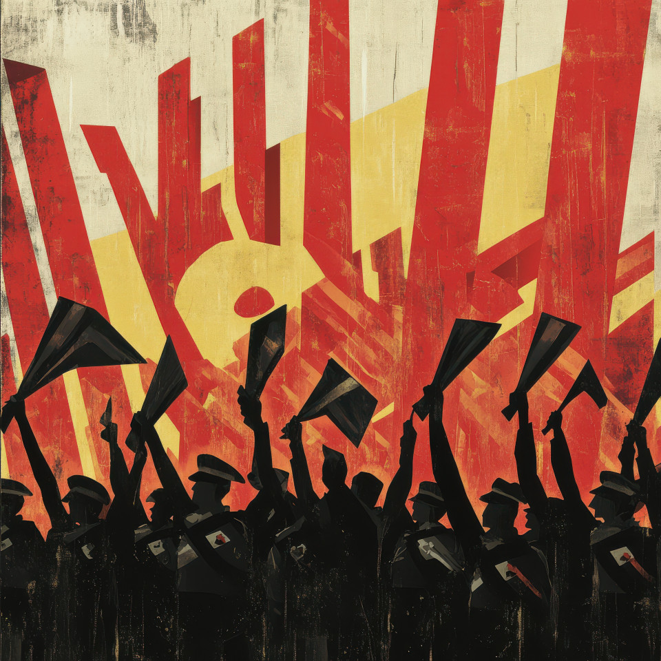 A crowd waving banners in perfect unity showing strength and solidarity, energetic movement and passionate expressions in propaganda art, propaganda painting