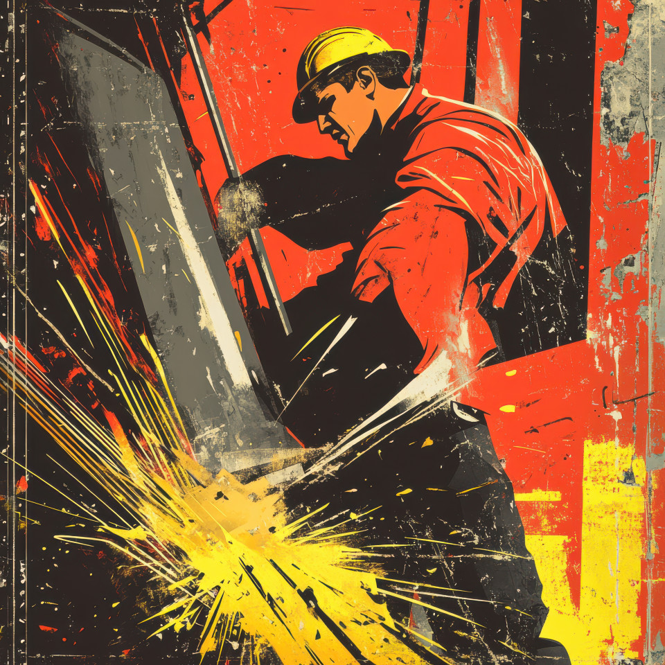 A worker hammering steel sparks flying representing industry and progress, powerful stance and intense labor in propaganda art, propaganda painting
