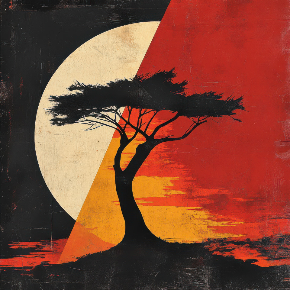 A lone tree standing tall in the wind symbolizing resilience and endurance, strong roots and dramatic weather in propaganda art, propaganda painting