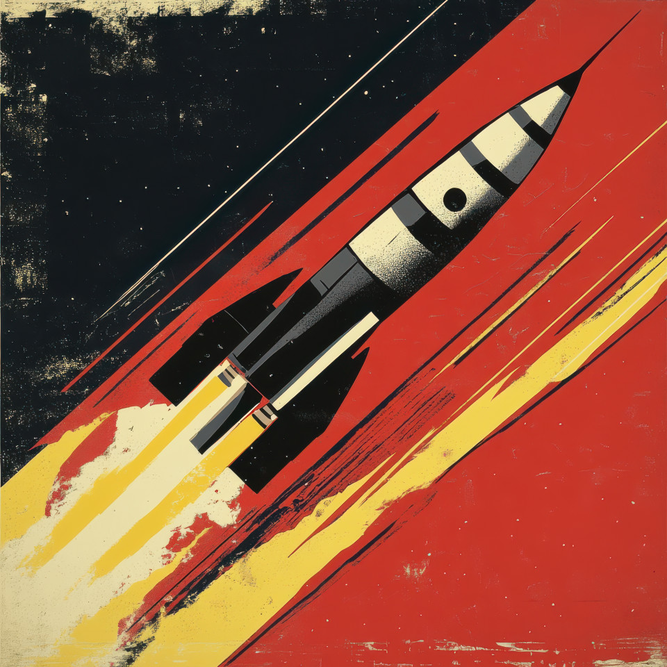 A rocket blasting off into space symbolizing innovation and exploration, fiery launch and towering smoke in propaganda art, propaganda painting