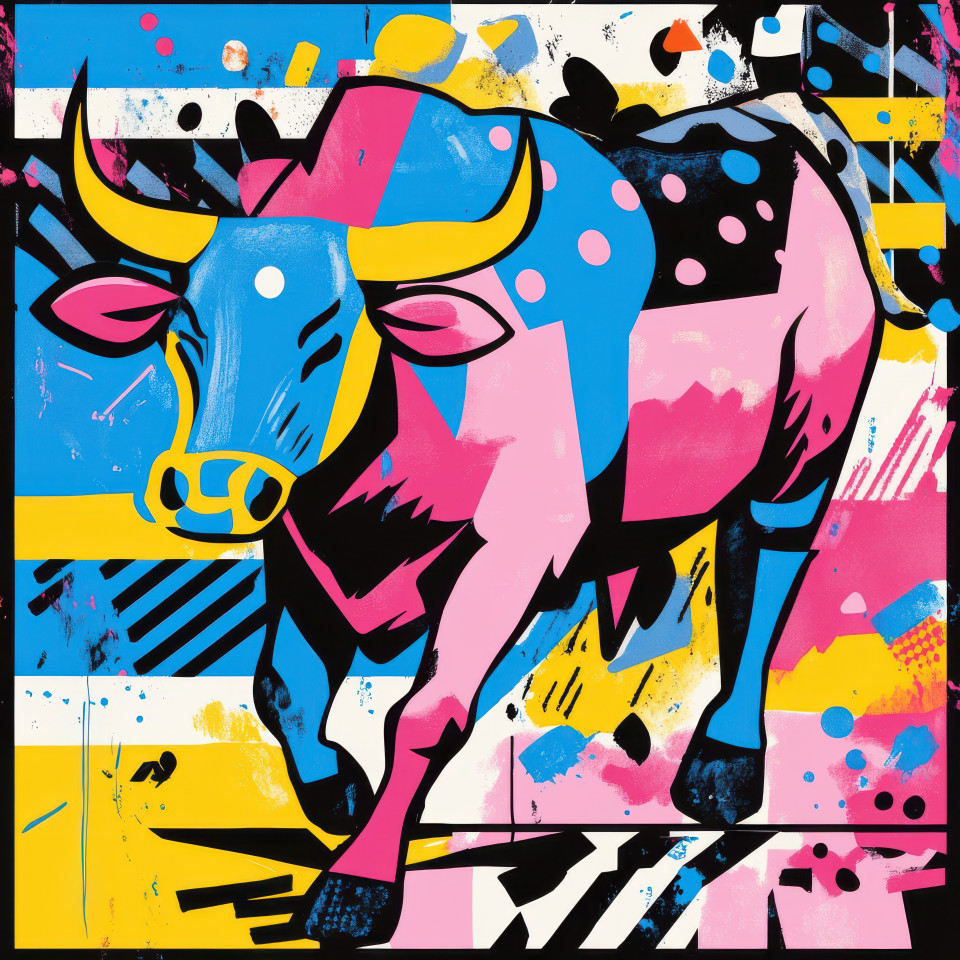 A powerful bull charging forward with strength and energy bold movement in vibrant colors, memphis design style with abstract shapes, designer memphis, memphis furniture style