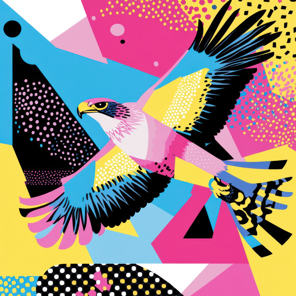 A hawk spreading its wings wide soaring over the land with grace and freedom, artistic memphis design with geometric patterns, designer memphis, memphis furniture style