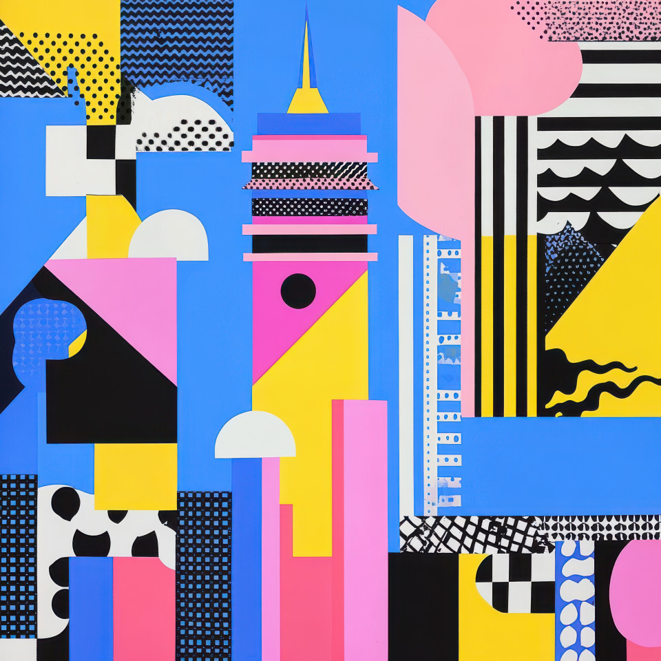 A grand tower rising high into the sky symbolizing progress and ambition, memphis design with bold colors and abstract elements, designer memphis, memphis furniture style