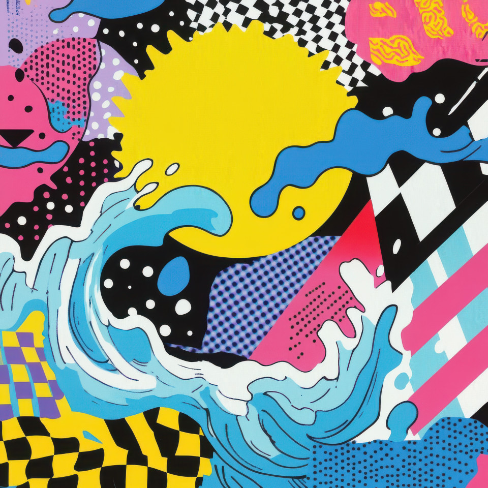 Waves crashing with force under a blazing sun showing power and movement, stylish memphis design with fluid patterns, designer memphis, memphis furniture style