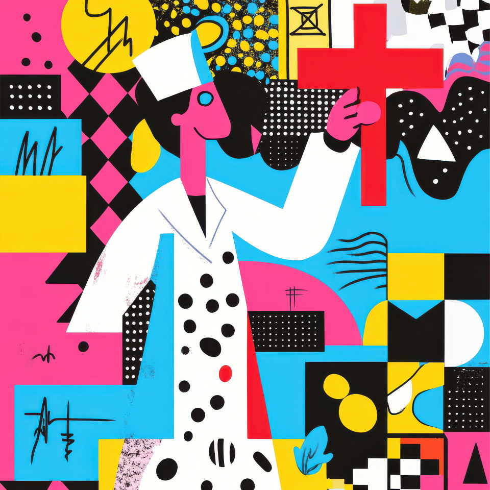 A heroic doctor proudly holding a red cross high representing care and hope, memphis design with bold colors and abstract elements, designer memphis, memphis furniture style