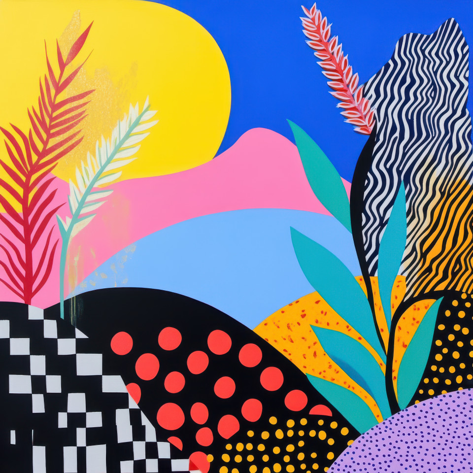 Golden wheat fields glowing under a bright sun symbolizing harvest and nature, artistic memphis design with geometric shapes, designer memphis, memphis furniture style