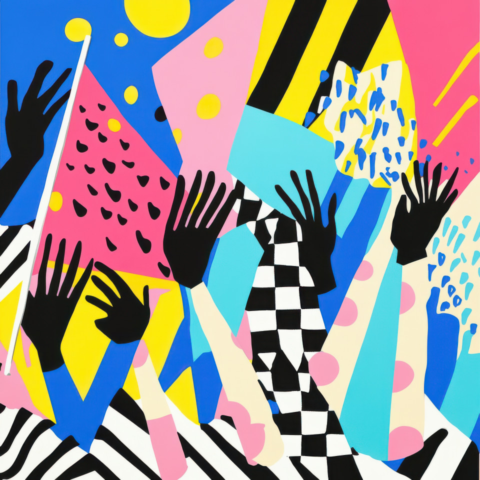 A crowd waving flags in unison full of energy and unity, bold memphis design with vibrant abstract shapes, designer memphis, memphis furniture style