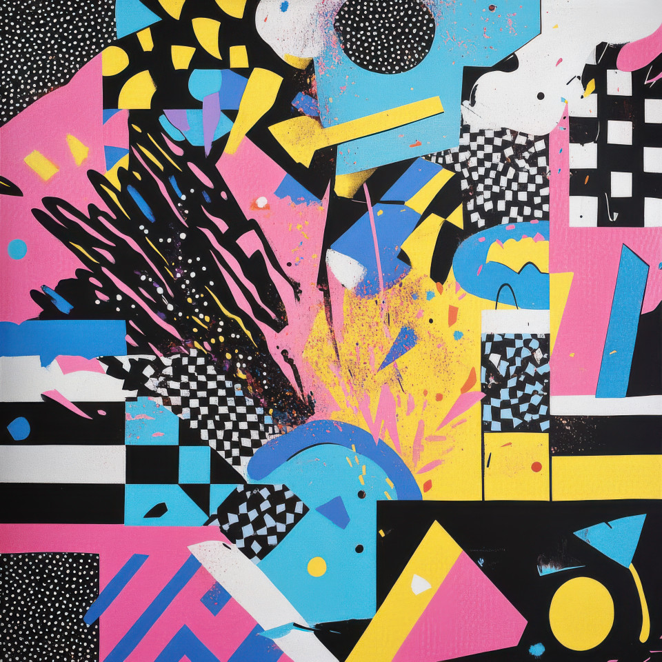 A worker forging steel with sparks flying showing strength and craftsmanship, artistic memphis design with geometric forms, designer memphis, memphis furniture style