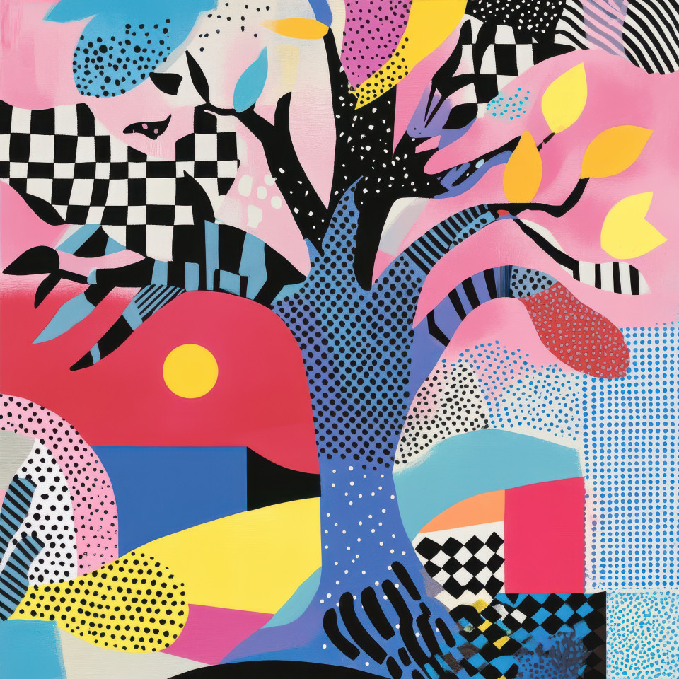 A mighty tree standing tall against strong winds symbolizing resilience, memphis design with striking abstract patterns, designer memphis, memphis furniture style