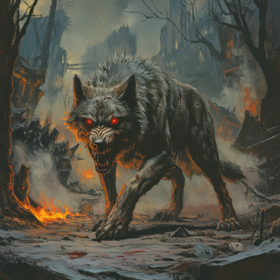 A snarling wolf with glowing red eyes stands menacingly in the dark baring its fangs, its piercing gaze glows through the shadows, grimdark fiction theme of fear and survival