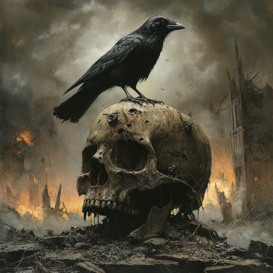 A crow perches on a rusted skull its dark feathers blending into the eerie mist, the decayed remains hint at past horrors, best grimdark setting of death and decay