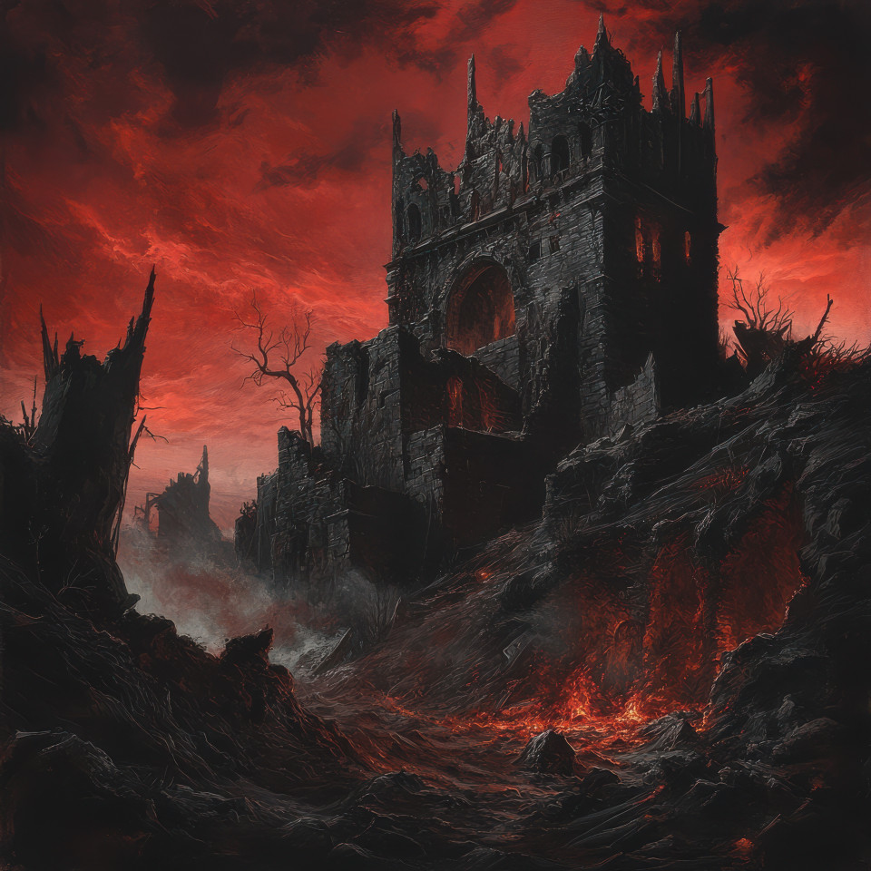 A crumbling fortress looms under a blood red sky its walls shattered by time and war, dark clouds swirl above, grimdark fiction of ruin and despair