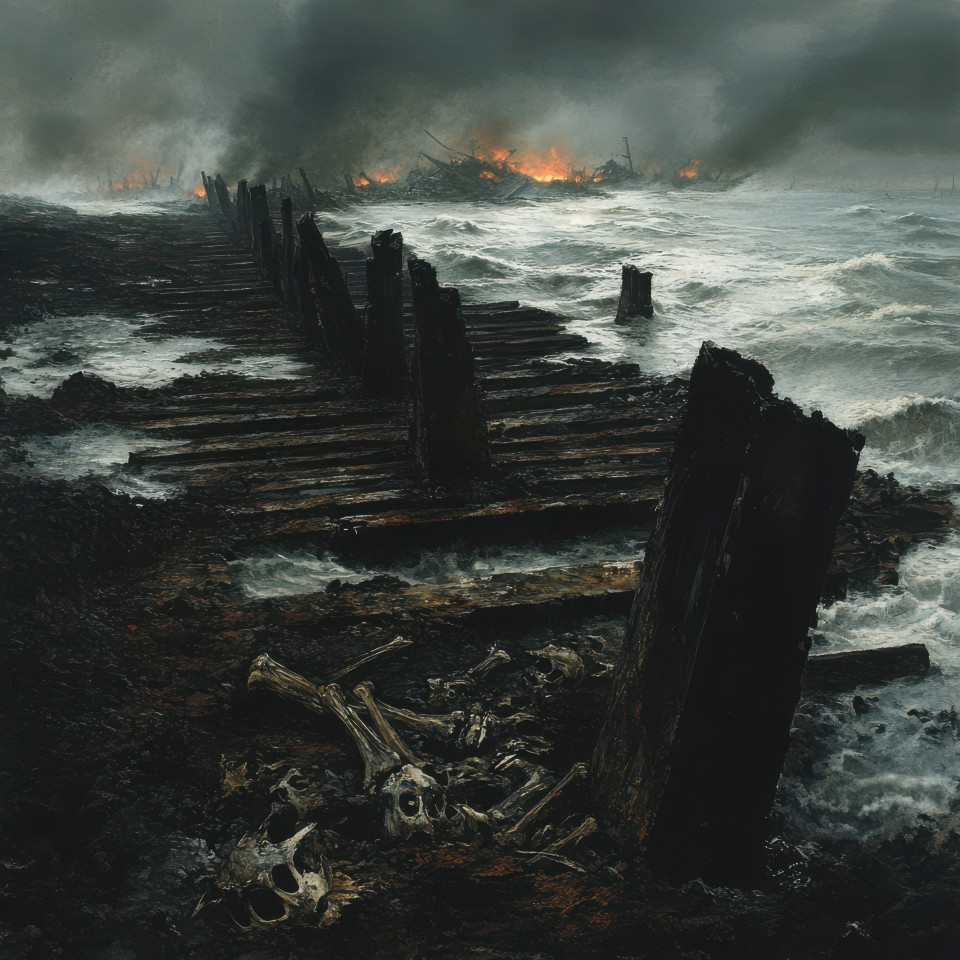 A blackened shore is covered in broken bones waves crashing against lifeless remains, the eerie silence hides unknown horrors, best grimdark landscape of death